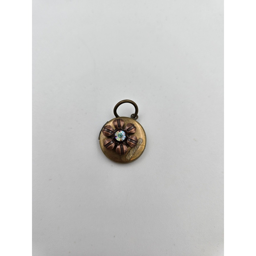 Vintage Brass Copper Flower Sweetheart Locket Pendant‎ Rhinestone Floral Small - Picture 2 of 6